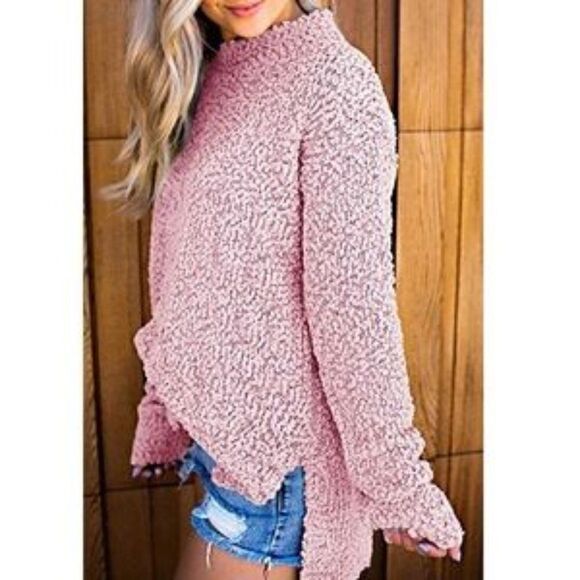 New Fuzzy Knitted Sherpa Side Slit Top - Picture 1 of 7